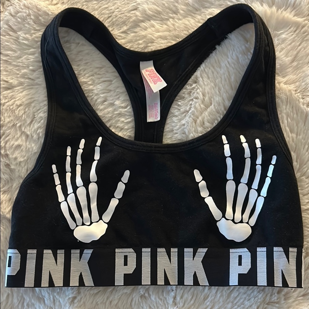 PINK Sports Bra with Skeleton Hand Design